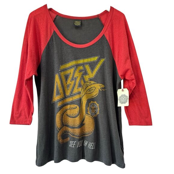 Obey Women Skate Raglan T-Shirt Medium Vintage Burnout See You In Hell Cobra New - Picture 1 of 8